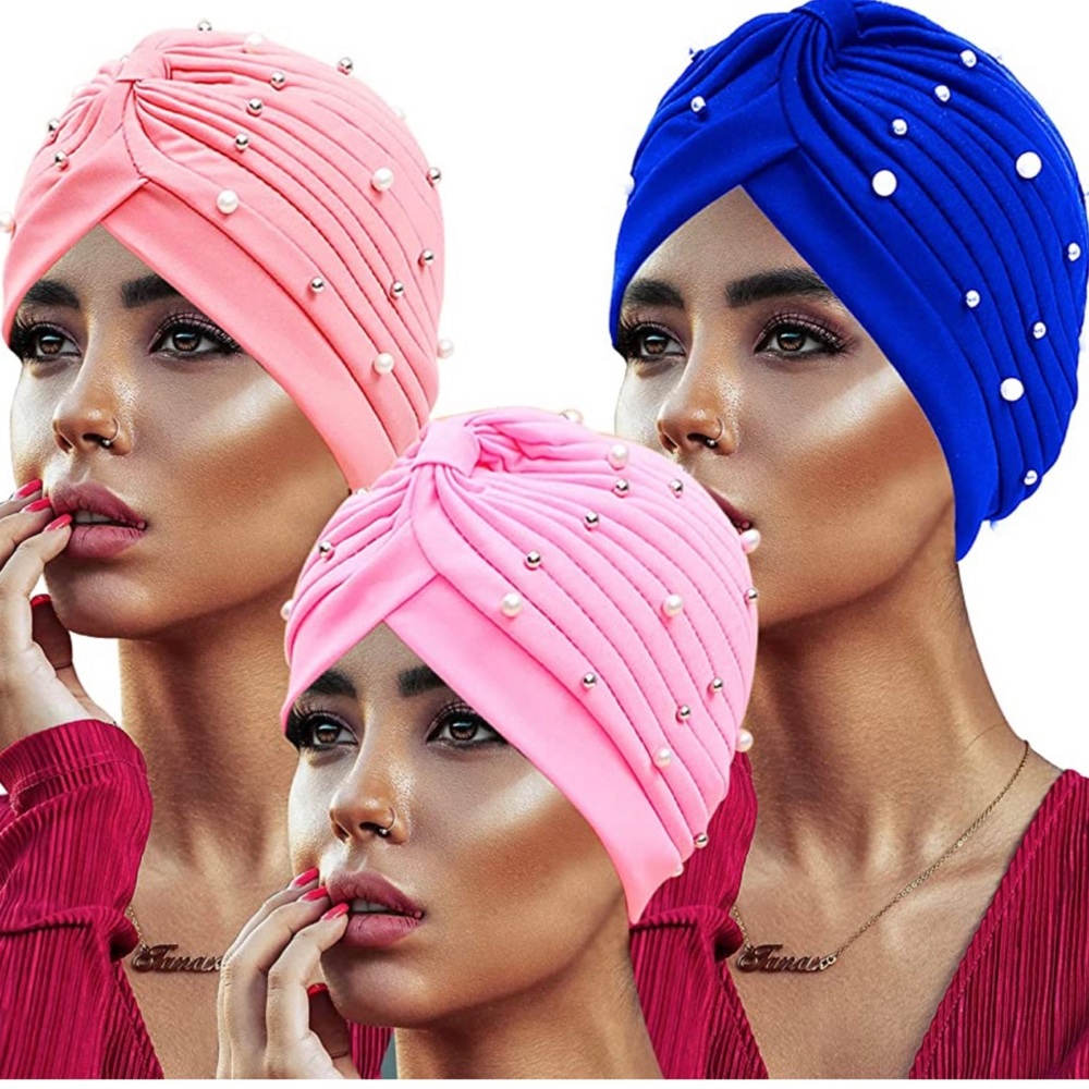 3 Pieces Women Turbans Cap Pre Tied Knot Headwrap Faux Pearl African Head Wrap